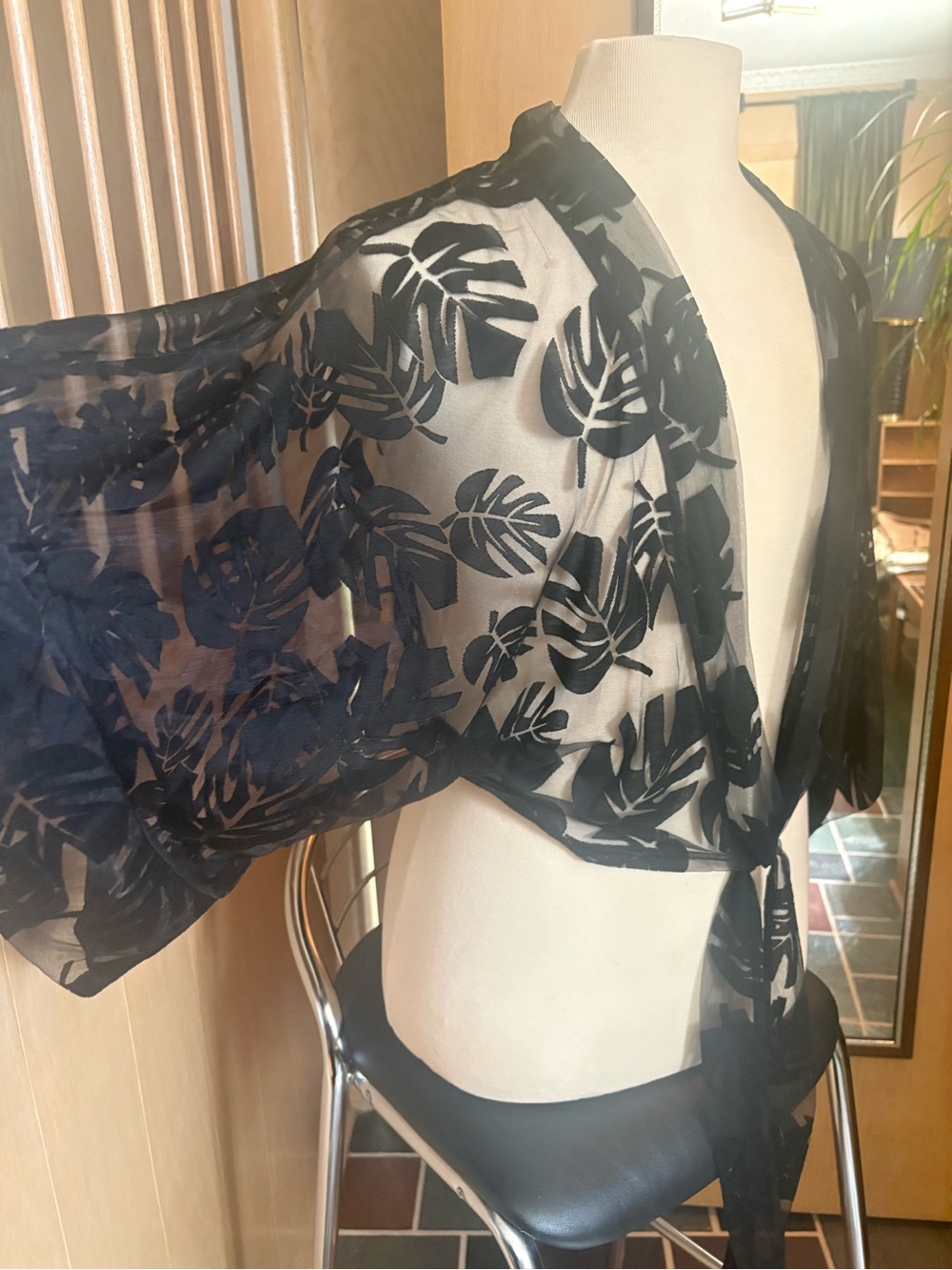 Black Sheer Leaf-Print Tie-Front Kimono by Andrea Gabrielle